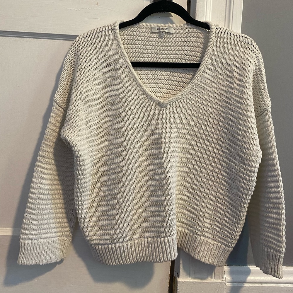 Madewell White Cotton V-Neck Crochet Sweater